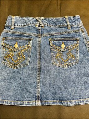 Y2K Girls Denim Skirt By 2B Real, Gold Studded, Back Pocket Embroidered Size 7/8